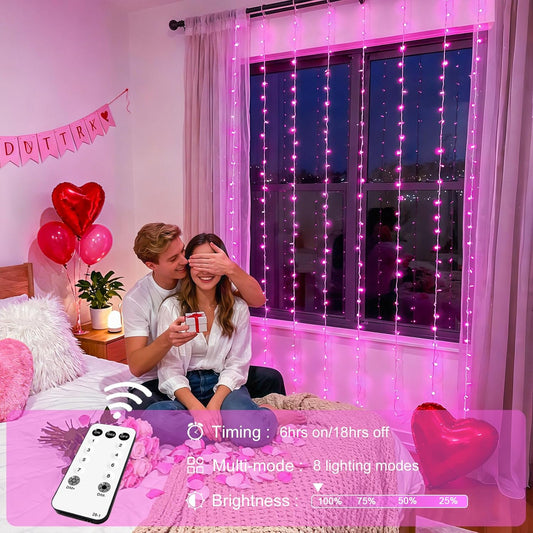 300 LED Pink Curtain Lights Plug in with Remote, 9.8X9.8Ft Pink Valentine Lights Lights Indoor, 8 Modes Christmas String Lights for Bedroom Window Wall Party Proposal Valentine'S Day Decor
