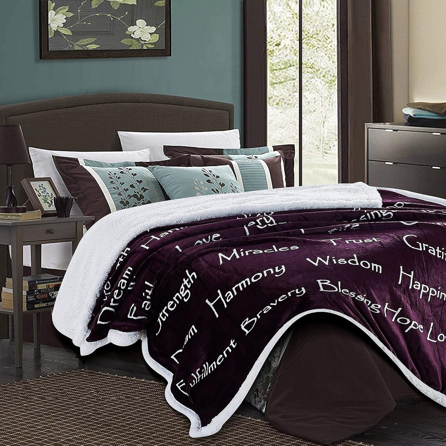 Premium Love & Joy Inspiring Gift Throw Blanket - Cozy, Warm and Fluffy Sherpa - Perfect Caring, Uplifting, Thoughtful, Personalized Gift for Peace & Prayer (65X50 Inches) Aubergine