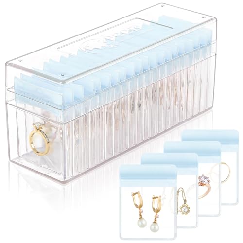 Acrylic Jewelry Box Organizer, Clear Jewelry Organizer and Storage with 20 Portable Anti Tarnish Jewelry bags, Travel Jewelry Case for Earrings/Rings/Necklaces Gifts for Women Girls, Clear