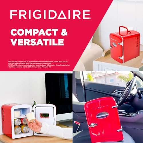 Frigidaire Red Mini Personal Fridge Cooler, 1 Gal Capacity fits Six Cans, Includes Plugs for Home Outlet & DC Charger - 9.84" D x 7.09" W x 10.35" H