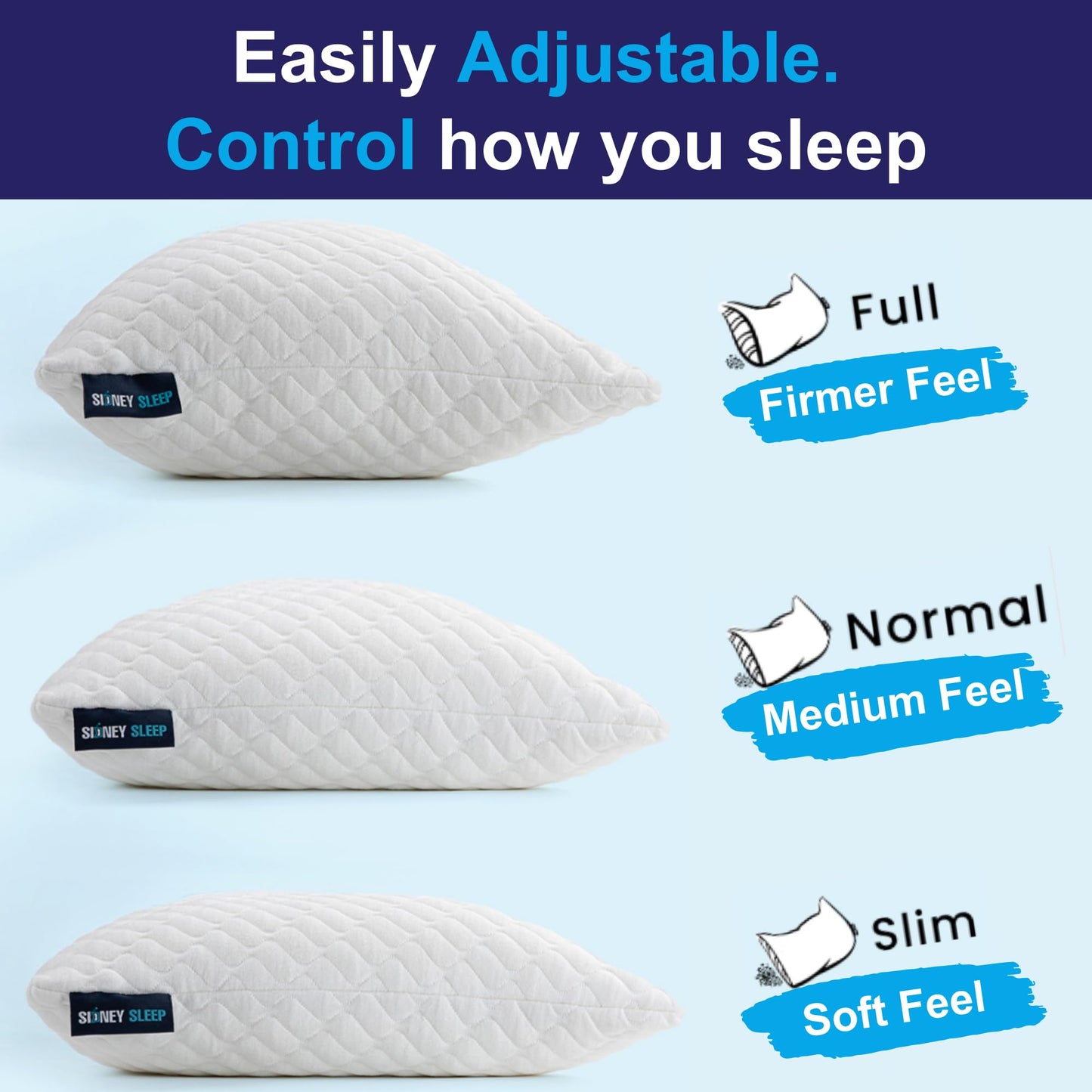 Sidney Sleep Adjustable Curved Contour Fill Pillow – Queen Size – for Side and Back Sleepers – Neck & Shoulder Comfort Support – Extra Fill Included (White)