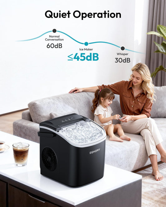 EUHOMY Countertop Ice Maker Machine with Handle, 26lbs in 24Hrs, 9 Ice Cubes Ready in 6 Mins, Auto-Cleaning Portable Ice Maker with Basket and Scoop, for Home/Kitchen/Camping/RV. (Black)