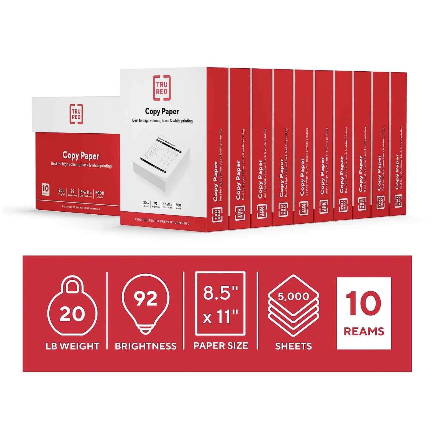 TRU RED Copy Paper 8.5x11 Inch, 20lb Weight, 92 Brightness, 5000 Sheets (10 Reams), Multipurpose White Printer Paper for Laser, Inkjet & Copier