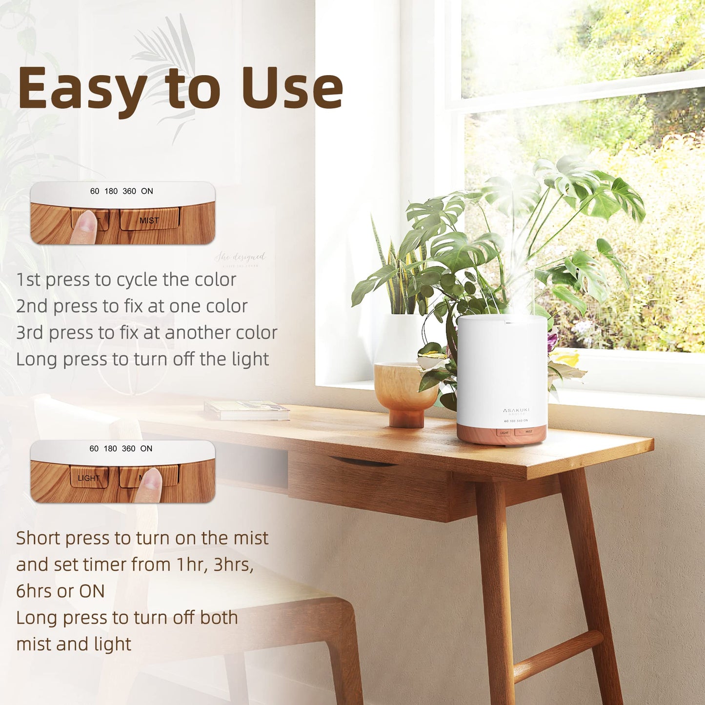 ASAKUKI Essential Oil Diffuser, Aromatherapy Cool Mist Home Humidifier with 7 LED Color Changing Light and Auto-Off Safety Switch, 8 Essential Oils Set, 300ml (X-Brown with Oils)