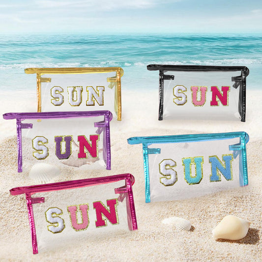 COSHAYSOO Clear Makeup Bag Sunscreen Pouch Beach Vacation Essentials Waterproof Summer Stuff Travel Toiletry Purse for Women Teen Girl Personalized Easter Gifts with Preppy Chenille Letter Blue SUN