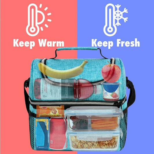 Lunch Box for Men Women, Insulated Large Lunch Bag Adult Work, Double Decker Lunchbox Meal Prep Dual Compartment Leakproof Lunch Cooler,Soft Lunch Tote Boys Girls Kids School, Aqua Turquoise 12L