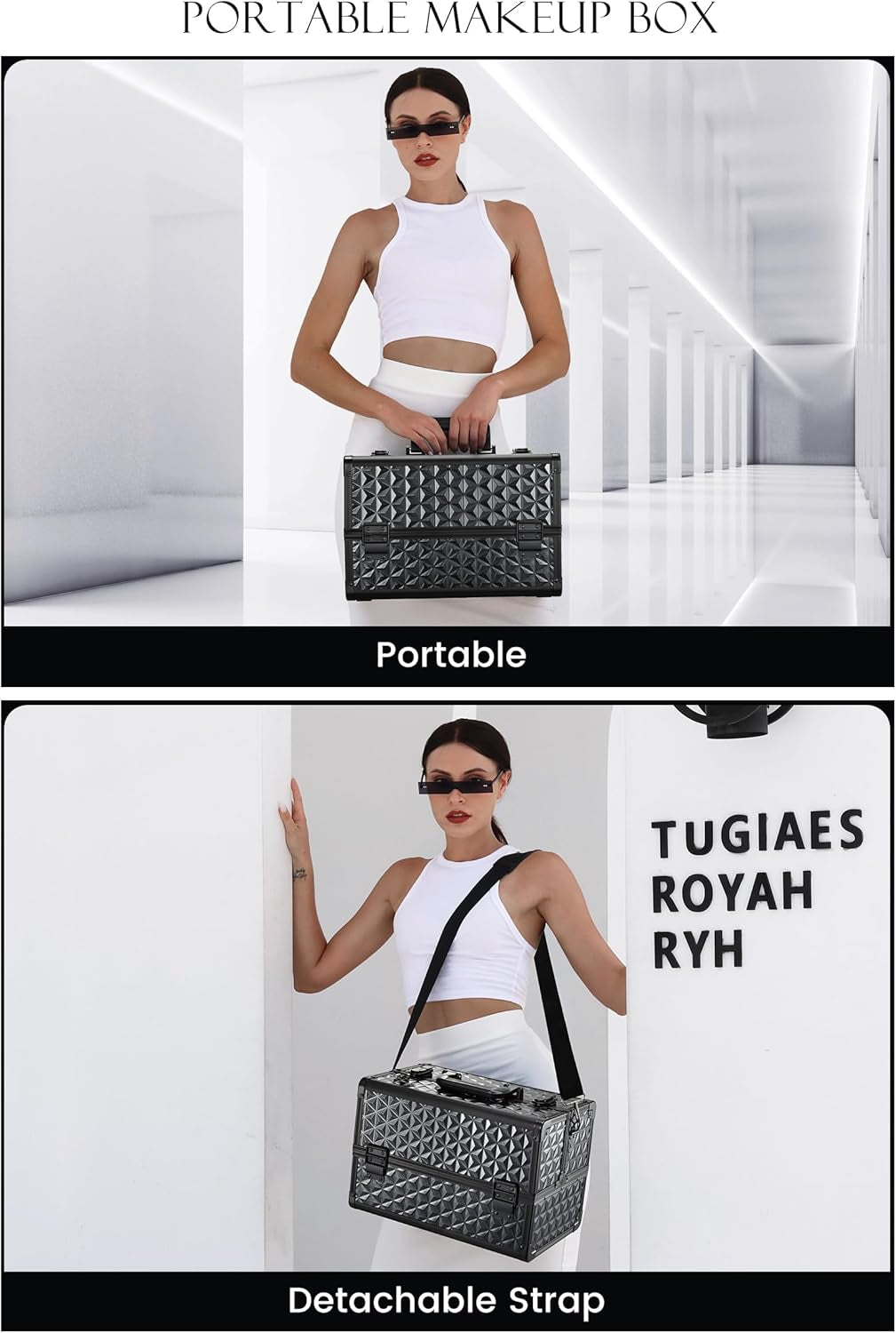 Makeup Train Case Professional Cosmetic Organizer Aluminum Storage Box with 4 Adjustable Dividers Trays Lockable Portable with Shoulder Strap