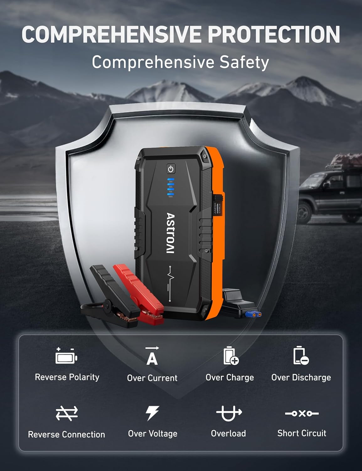S8 Car Battery Jump Starter, Car Jumper Starter Battery Pack for up to 6.0L Gas & 3.0L Diesel Engines, 12V Portable Jump Box with 3 Modes Flashlight and Jumper Cable (Orange)