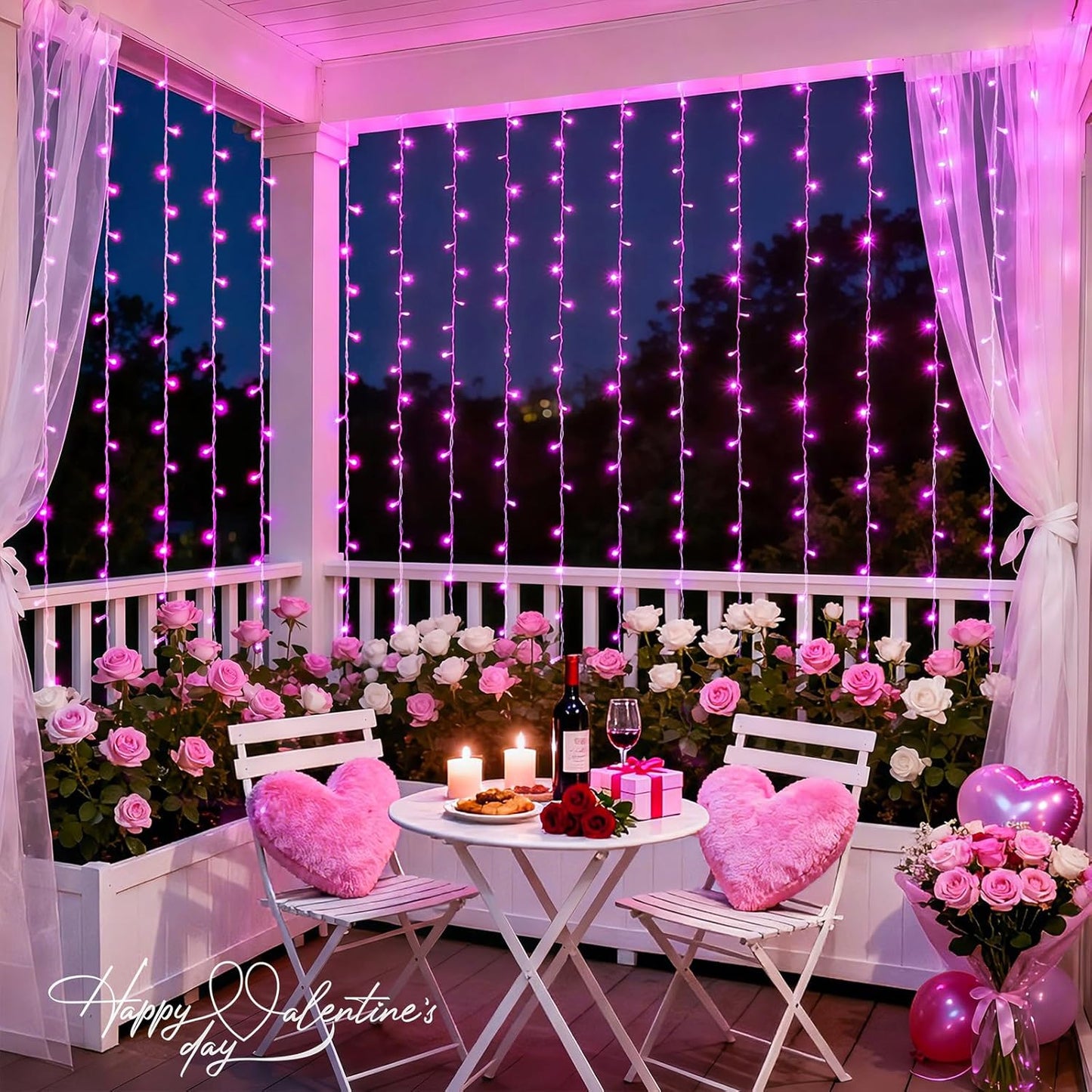 300 LED Pink Curtain Lights Plug in with Remote, 9.8X9.8Ft Pink Valentine Lights Lights Indoor, 8 Modes Christmas String Lights for Bedroom Window Wall Party Proposal Valentine'S Day Decor