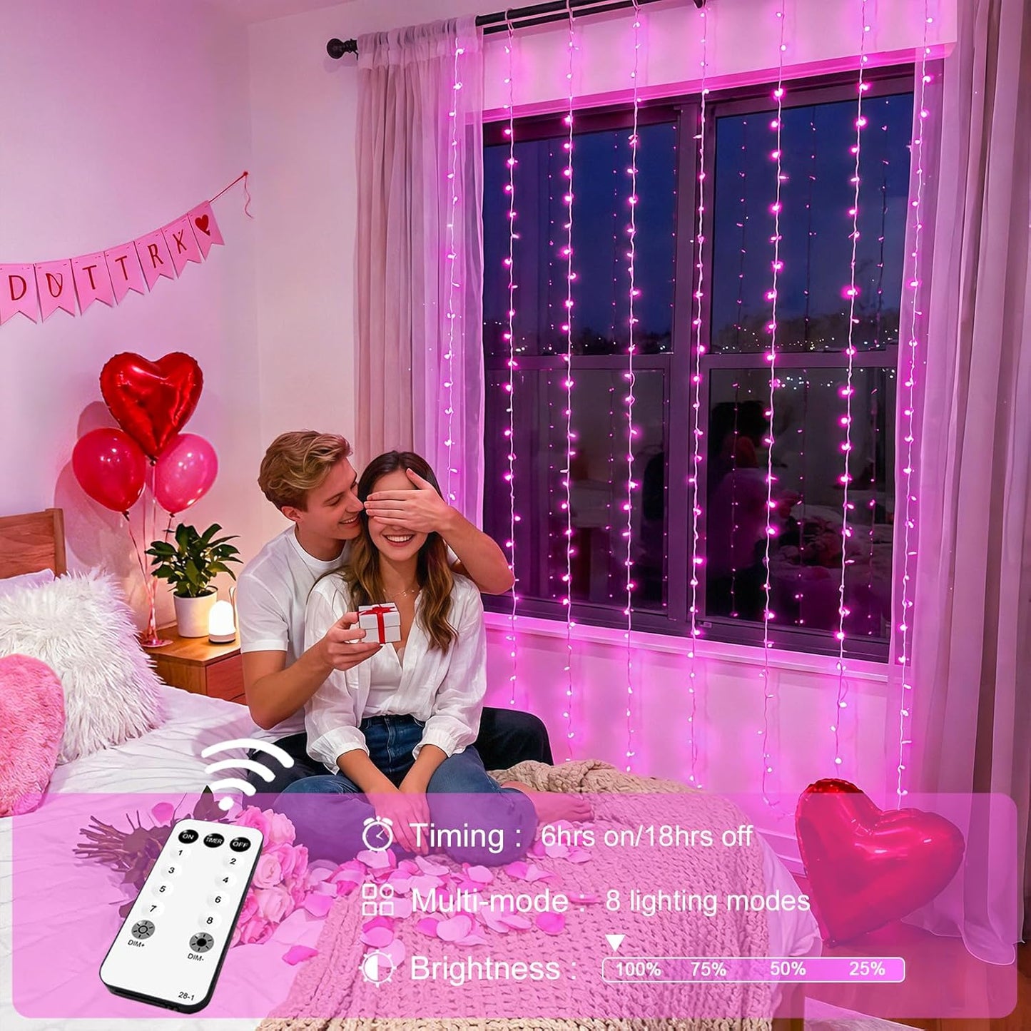 300 LED Pink Curtain Lights Plug in with Remote, 9.8X9.8Ft Pink Valentine Lights Lights Indoor, 8 Modes Christmas String Lights for Bedroom Window Wall Party Proposal Valentine'S Day Decor