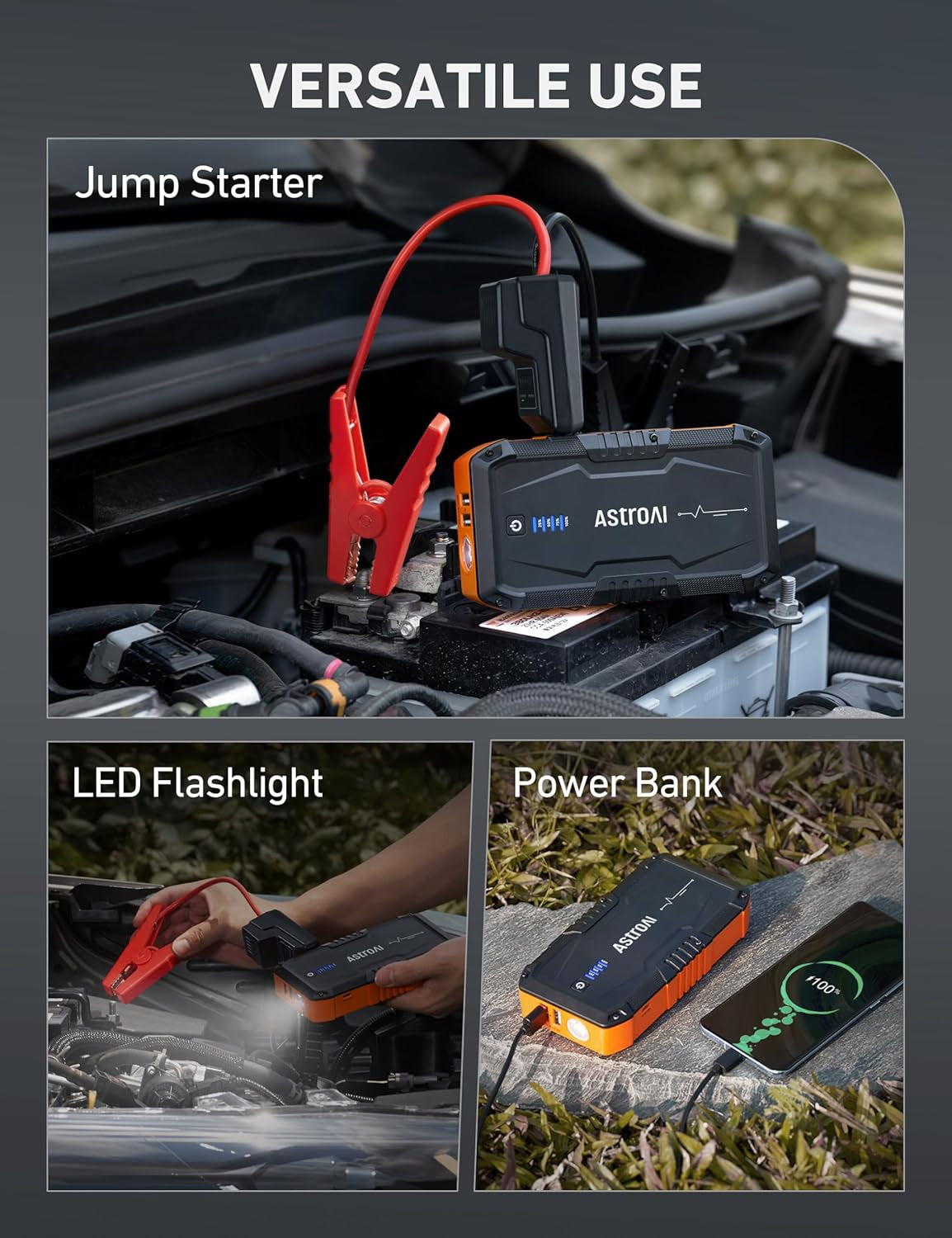 S8 Car Battery Jump Starter, Car Jumper Starter Battery Pack for up to 6.0L Gas & 3.0L Diesel Engines, 12V Portable Jump Box with 3 Modes Flashlight and Jumper Cable (Orange)