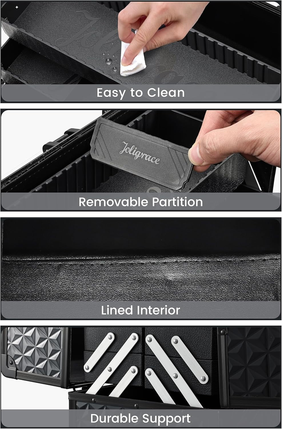 Makeup Train Case Professional Cosmetic Organizer Aluminum Storage Box with 4 Adjustable Dividers Trays Lockable Portable with Shoulder Strap