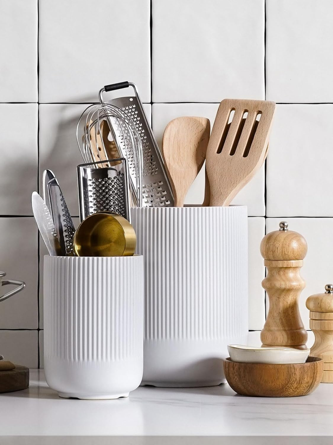Utensil Holder, 7.3"+5.4" Ceramic Kitchen Utensil Holder for Countertop, Large Cooking Utensil Crocks for Kitchen Counter Decor, Morden Utensil Organizer for Spatula, Set of 2, White