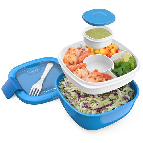 Bentgo Salad Container - 54 oz Bowl with 4-Compartment Toppings Tray, Leak-Proof Dressing Container, Reusable Fork, BPA-Free Lunch Box for Meal Prep & Food Storage; Removable Bento Tray (Slate)