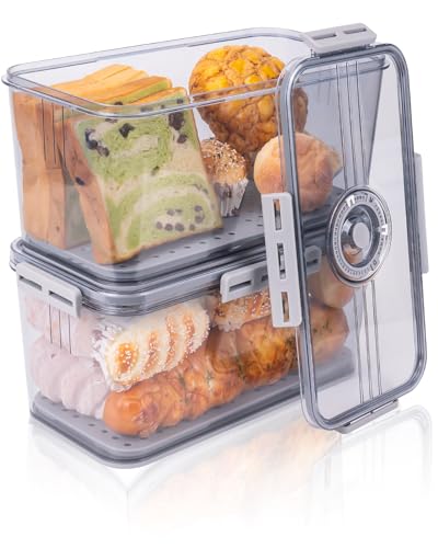 Dynta Bread Box 2 Pack Bread Container Airtight, Recording Time Bread Boxes for Kitchen Counter Organizers and Storage, Plastic Bread Storage with Lid for Homemade Bread, Toast, Loaf, Cookies