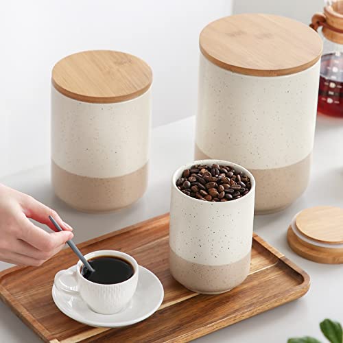 vancasso Sabine Ceramic Canister Set with Airtight Wood Lids - 3-Piece Kitchen Storage for Flour, Sugar, Coffee, Tea & Spices - Modern Countertop Decor
