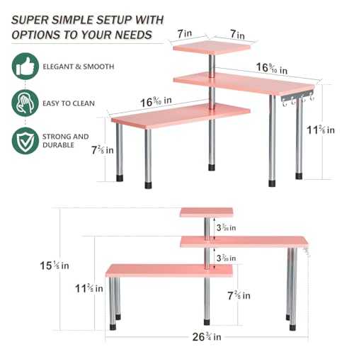 ZHWS Bathroom Counter Organizer Corner Countertop Shelf Adjustable 3 Tier Corner Shelf Kitchen Counter Organizer with 4 Metal Hooks for Bathroom Counter, Makeups, Dresser Table, Over Sink