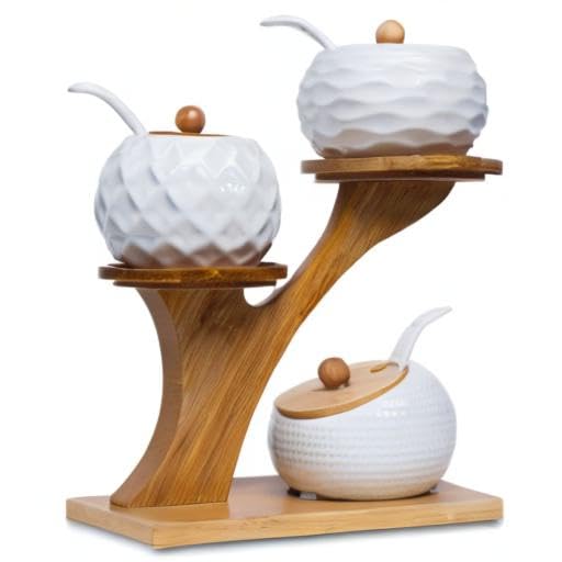 MIATTCLD Porcelain Condiment Jar Set, Spice Jars with Bamboo Lids and Spoon, Wooden Tray, 170 ML (5.8 OZ), Used to Store Tea, Spices, Coffee, Set of 3(White)