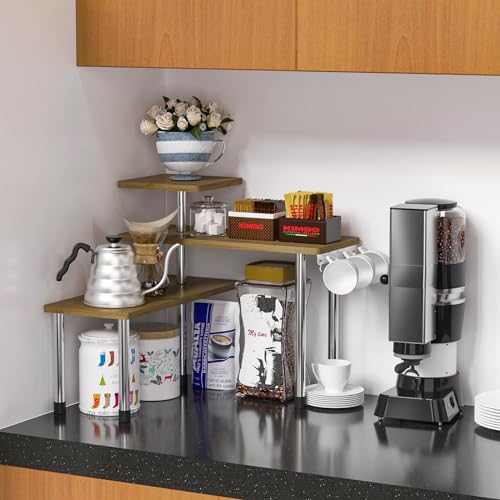 ZHWS Bathroom Counter Organizer Corner Countertop Shelf Adjustable 3 Tier Corner Shelf Kitchen Counter Organizer with 4 Metal Hooks for Bathroom Counter, Makeups, Dresser Table, Over Sink