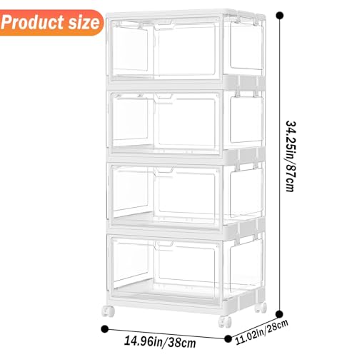 4 Tier Plastic Storage Bins with Lid 23QT, Stackable Storage Containers with Wheels, Folding Storage Boxes, Stackable Storage Bins, Closet Organizers and Storage for Living Room,Office,Dorm