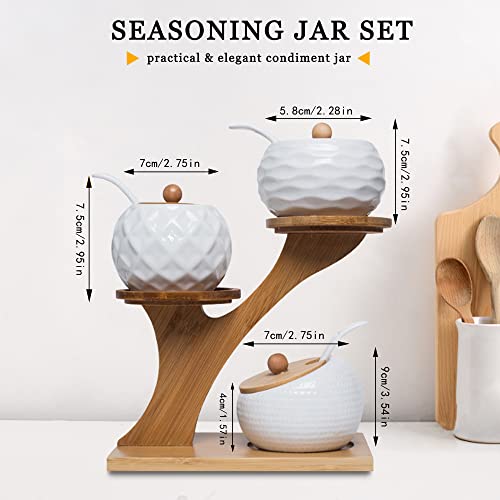 MIATTCLD Porcelain Condiment Jar Set, Spice Jars with Bamboo Lids and Spoon, Wooden Tray, 170 ML (5.8 OZ), Used to Store Tea, Spices, Coffee, Set of 3(White)