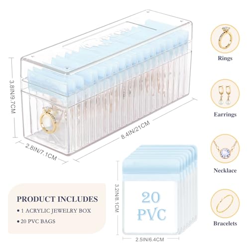 Acrylic Jewelry Box Organizer, Clear Jewelry Organizer and Storage with 20 Portable Anti Tarnish Jewelry bags, Travel Jewelry Case for Earrings/Rings/Necklaces Gifts for Women Girls, Clear
