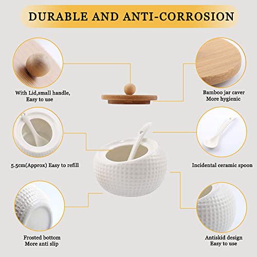 MIATTCLD Porcelain Condiment Jar Set, Spice Jars with Bamboo Lids and Spoon, Wooden Tray, 170 ML (5.8 OZ), Used to Store Tea, Spices, Coffee, Set of 3(White)