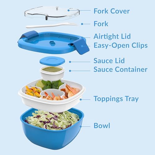 Bentgo Salad Container - 54 oz Bowl with 4-Compartment Toppings Tray, Leak-Proof Dressing Container, Reusable Fork, BPA-Free Lunch Box for Meal Prep & Food Storage; Removable Bento Tray (Slate)