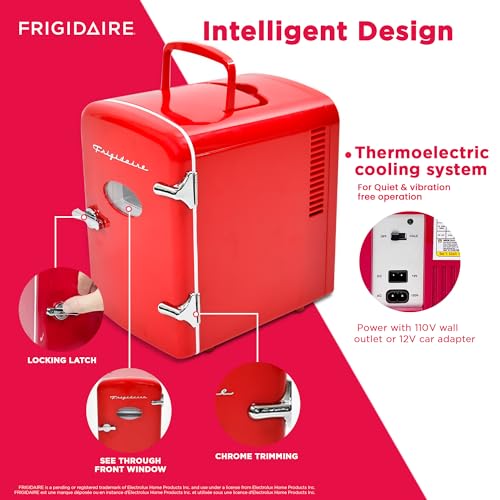 Frigidaire Red Mini Personal Fridge Cooler, 1 Gal Capacity fits Six Cans, Includes Plugs for Home Outlet & DC Charger - 9.84" D x 7.09" W x 10.35" H