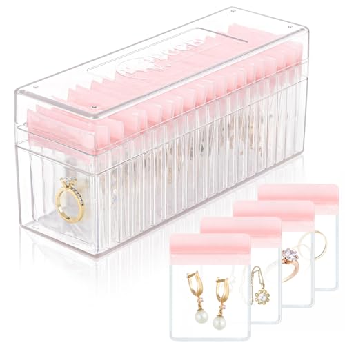 Acrylic Jewelry Box Organizer, Clear Jewelry Organizer and Storage with 20 Portable Anti Tarnish Jewelry bags, Travel Jewelry Case for Earrings/Rings/Necklaces Gifts for Women Girls, Clear