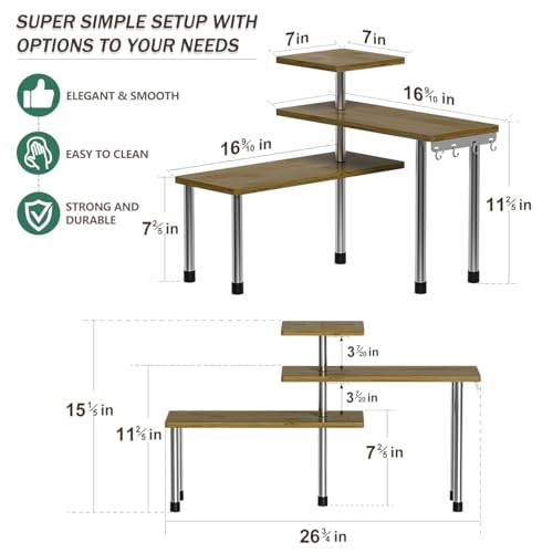 ZHWS Bathroom Counter Organizer Corner Countertop Shelf Adjustable 3 Tier Corner Shelf Kitchen Counter Organizer with 4 Metal Hooks for Bathroom Counter, Makeups, Dresser Table, Over Sink