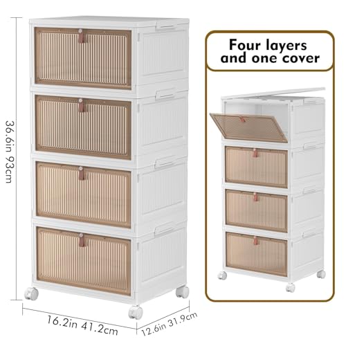 4 Tier Plastic Storage Bins with Lid 23QT, Stackable Storage Containers with Wheels, Folding Storage Boxes, Stackable Storage Bins, Closet Organizers and Storage for Living Room,Office,Dorm