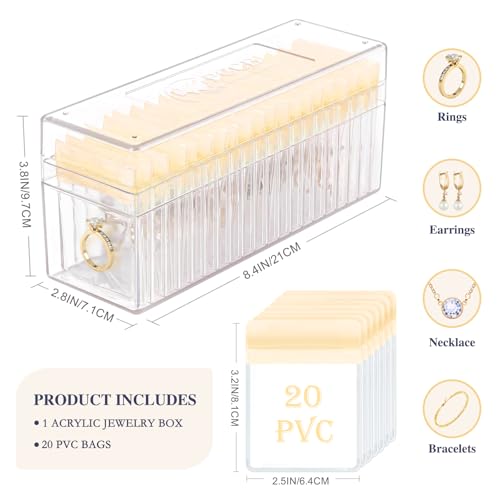 Acrylic Jewelry Box Organizer, Clear Jewelry Organizer and Storage with 20 Portable Anti Tarnish Jewelry bags, Travel Jewelry Case for Earrings/Rings/Necklaces Gifts for Women Girls, Clear
