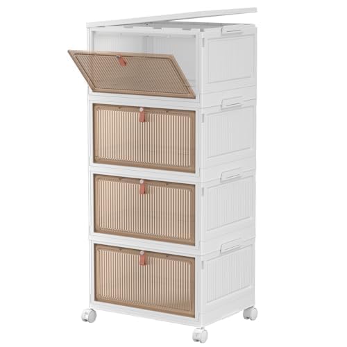 4 Tier Plastic Storage Bins with Lid 23QT, Stackable Storage Containers with Wheels, Folding Storage Boxes, Stackable Storage Bins, Closet Organizers and Storage for Living Room,Office,Dorm