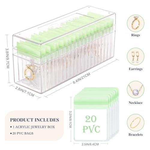Acrylic Jewelry Box Organizer, Clear Jewelry Organizer and Storage with 20 Portable Anti Tarnish Jewelry bags, Travel Jewelry Case for Earrings/Rings/Necklaces Gifts for Women Girls, Clear