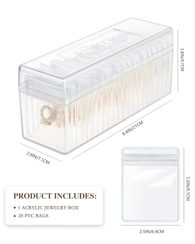 Acrylic Jewelry Box Organizer, Clear Jewelry Organizer and Storage with 20 Portable Anti Tarnish Jewelry bags, Travel Jewelry Case for Earrings/Rings/Necklaces Gifts for Women Girls, Clear