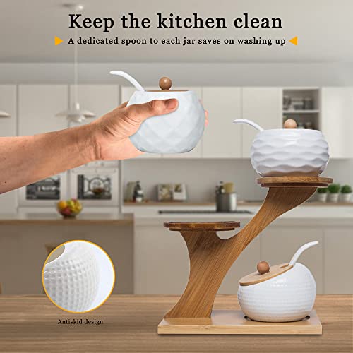 MIATTCLD Porcelain Condiment Jar Set, Spice Jars with Bamboo Lids and Spoon, Wooden Tray, 170 ML (5.8 OZ), Used to Store Tea, Spices, Coffee, Set of 3(White)