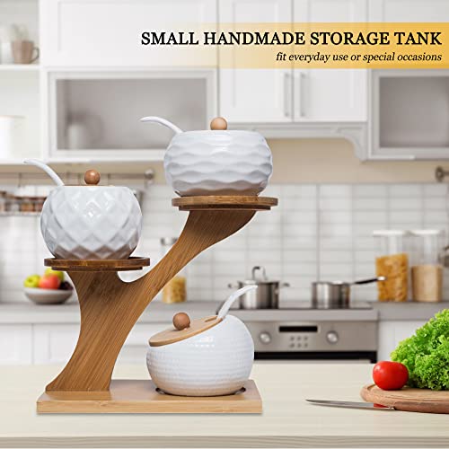 MIATTCLD Porcelain Condiment Jar Set, Spice Jars with Bamboo Lids and Spoon, Wooden Tray, 170 ML (5.8 OZ), Used to Store Tea, Spices, Coffee, Set of 3(White)