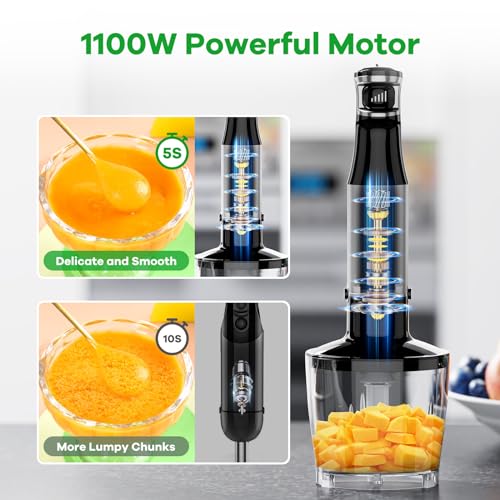 Immersion Blender Handheld Corded Hand Blenders Set 1100W, Trigger Variable Speed 5 in 1 Stick Emulsifier with Chopper, Whisk and Frother for Soup, Baby Food and Smoothies
