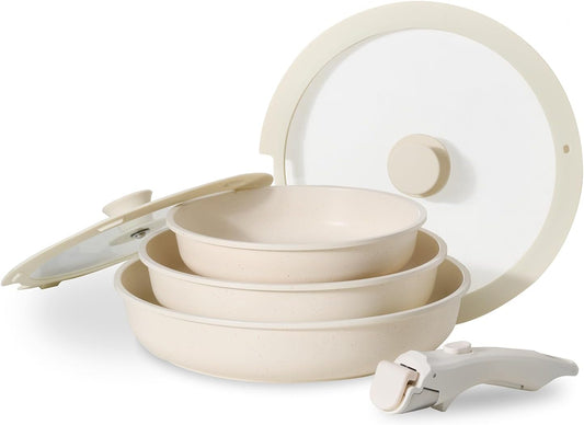 JEETEE Non Stick Frying Pans with lid and Detachable Handle, Frying Pans Set with Removable Handle-8 Inch-9.5 Inch-11 Inch, Oven Safe, PFOA Free, Beige