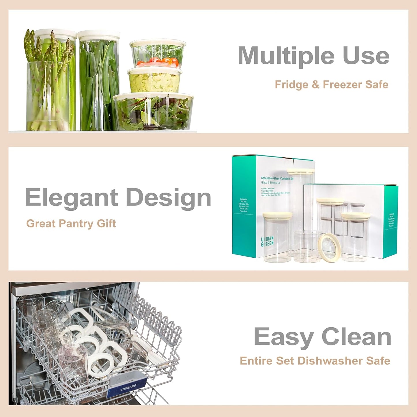 Glass Food Storage Jar with Glass Lid, Food Canister Set with Airtight Lids, Pantry Jars for Kitchen Organization, Food Storage Containers in Set of 5