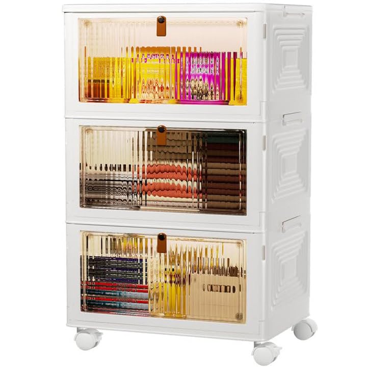 4 Tier Plastic Storage Bins with Lid 23QT, Stackable Storage Containers with Wheels, Folding Storage Boxes, Stackable Storage Bins, Closet Organizers and Storage for Living Room,Office,Dorm