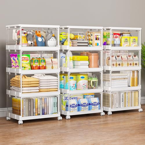 4 Tier Plastic Storage Bins with Lid 23QT, Stackable Storage Containers with Wheels, Folding Storage Boxes, Stackable Storage Bins, Closet Organizers and Storage for Living Room,Office,Dorm