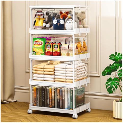 4 Tier Plastic Storage Bins with Lid 23QT, Stackable Storage Containers with Wheels, Folding Storage Boxes, Stackable Storage Bins, Closet Organizers and Storage for Living Room,Office,Dorm