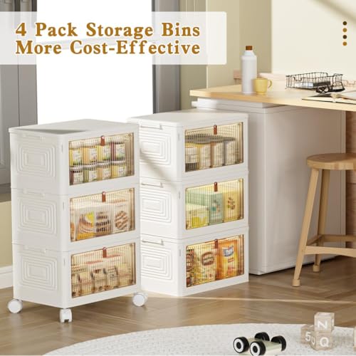 4 Tier Plastic Storage Bins with Lid 23QT, Stackable Storage Containers with Wheels, Folding Storage Boxes, Stackable Storage Bins, Closet Organizers and Storage for Living Room,Office,Dorm