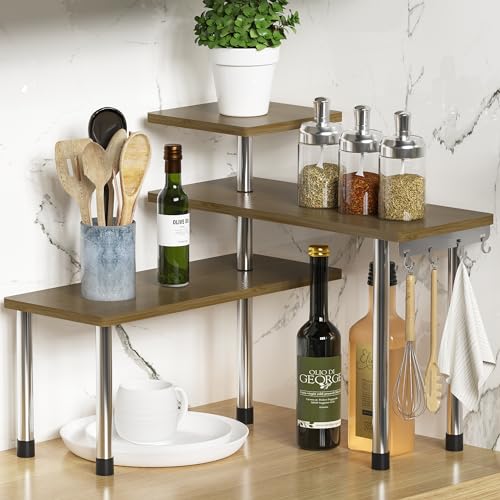 ZHWS Bathroom Counter Organizer Corner Countertop Shelf Adjustable 3 Tier Corner Shelf Kitchen Counter Organizer with 4 Metal Hooks for Bathroom Counter, Makeups, Dresser Table, Over Sink