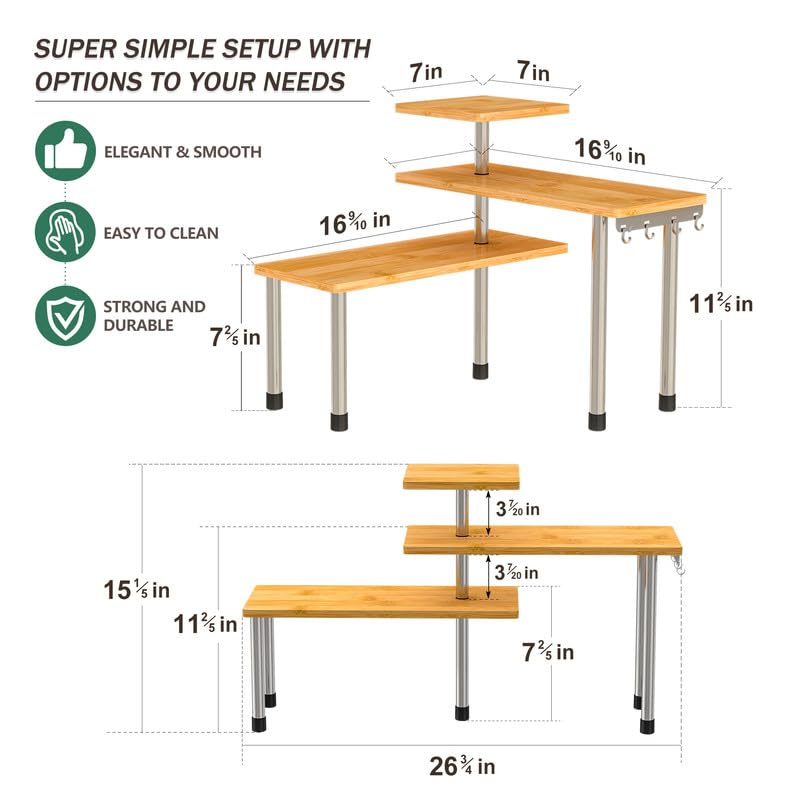ZHWS Bathroom Counter Organizer Corner Countertop Shelf Adjustable 3 Tier Corner Shelf Kitchen Counter Organizer with 4 Metal Hooks for Bathroom Counter, Makeups, Dresser Table, Over Sink
