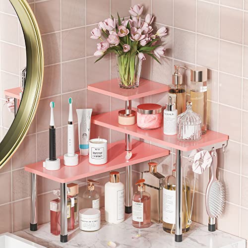 ZHWS Bathroom Counter Organizer Corner Countertop Shelf Adjustable 3 Tier Corner Shelf Kitchen Counter Organizer with 4 Metal Hooks for Bathroom Counter, Makeups, Dresser Table, Over Sink