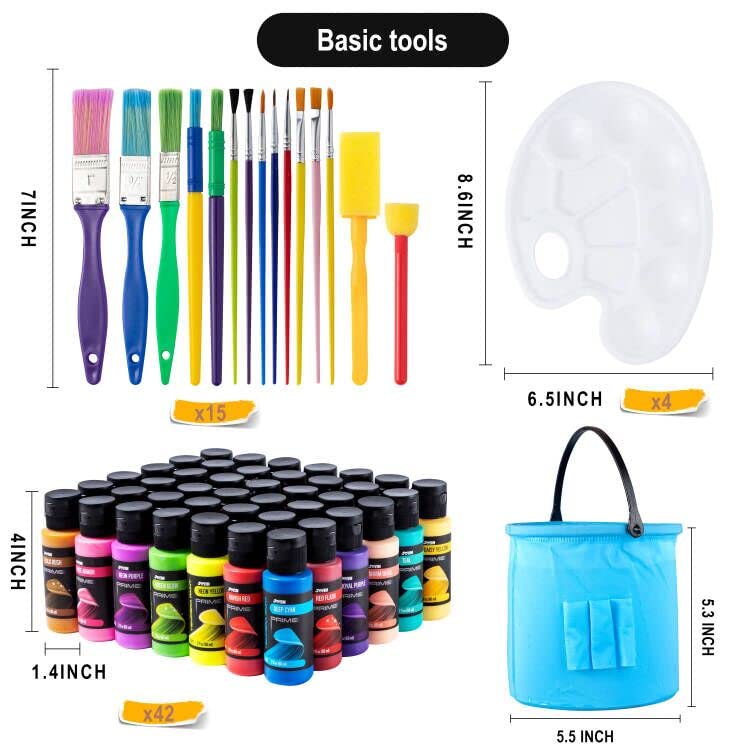 JOYIN Washable Tempera Paint Set for Kids 42PCS, Non Toxic Liquid Paint with 15 Brushes and 4 Palettes - Art Supply for Kids for Arts and Crafts Project, Finger Painting (2 oz Each)