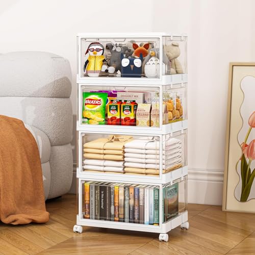 4 Tier Plastic Storage Bins with Lid 23QT, Stackable Storage Containers with Wheels, Folding Storage Boxes, Stackable Storage Bins, Closet Organizers and Storage for Living Room,Office,Dorm